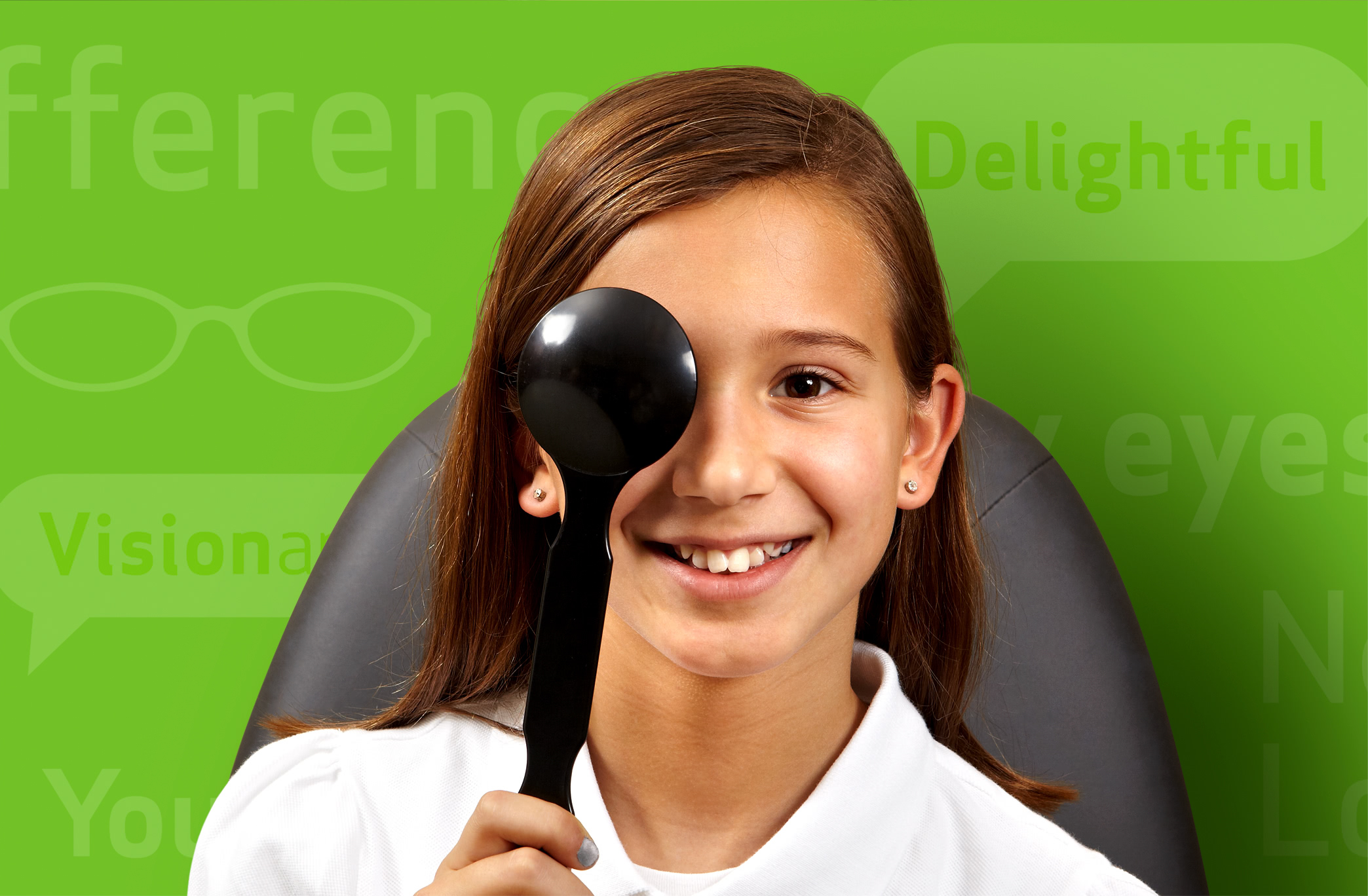 Photo of girl in eye exam with Blink Vision brand behind her