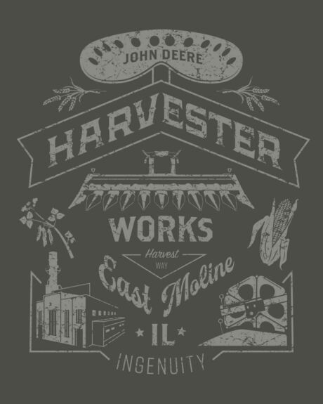 Illustration designed for John Deere Harvester Works, a manufacturing facility located in East Moline, Illinois. Harvester Works shirt back