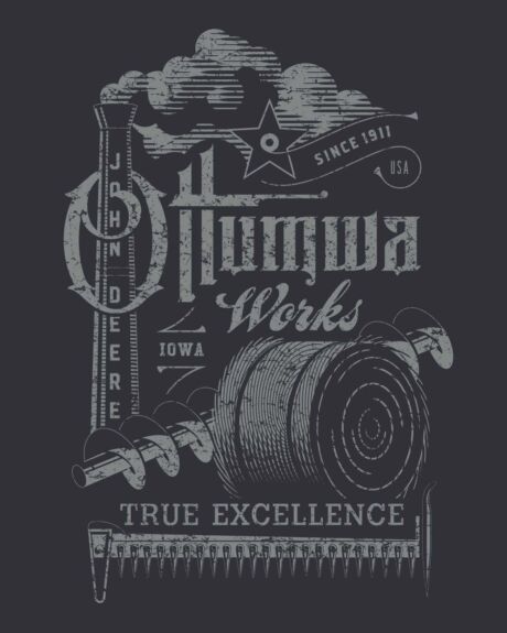 Illustration designed for John Deere Ottumwa Works, a manufacturing facility located in Ottumwa, Iowa. Ottumwa Works shirt back
