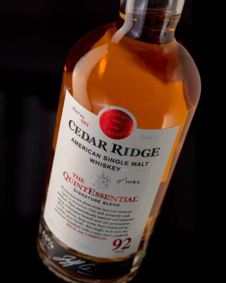 Label designed for Cedar Ridge Distillery's premium American Single Malt whiskey, Quintessential. Cedar Ridge Distillery is a craft distillery located in the Eastern Iowa Corridor near Swisher. Cedar Ridge Distillery QuintEssential Label
