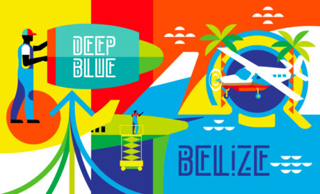 This mural for Deep Blue Avionics was designed to bring the company’s aviation roots into the physical space of their Belize office. It needed to feel both professional and reflective of the tropical environment where the work happens. Deep Blue Avionics mural by FUEL, branding San Pedro, Belize, office for aircraft engineering and training.