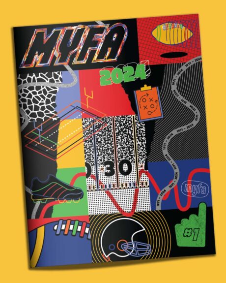 Vibrant program cover for local nonprofit MYFA, Cedar Rapids’ youth football . Inspires teamwork and sportsmanship with bold, community-driven design. MYFA program cover by FUEL, branding for Cedar Rapids youth football nonprofit.