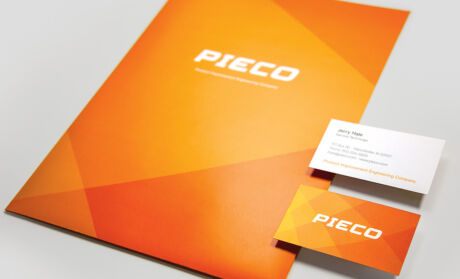 Folder and business card designed for PIECO, an engineering consultant and manufacturer serving the meat processing industry, located near Manchester, Iowa.