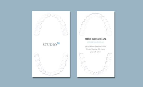 Business cards designed as part of a corporate ID and stationary package for Studio32, a dental laboratory located in Hiawatha, Iowa. Studio 32 business cards