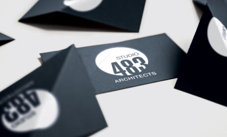Logo and corporate ID designed for Studio 483, a design-focused architectural firm resulting from the merger of SGGM and Gere-Dismer Architects, with locations in Davenport, Iowa and Rock Island, Illinois. Studio 483 Architects business cards