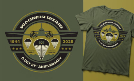 Powerful illustrated T-shirt for nonprofit Warrior Rising’s 81st D-Day Anniversary. Honors veteran resilience with bold branding. Warrior Rising D-Day T-shirt by FUEL, veteran nonprofit branding.