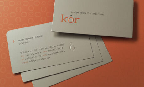 Business cards, naming and expressive pattern designed for kôr, a commercial interior designer and furniture sales firm located in Cedar Rapids, Iowa. kôr business cards and pattern