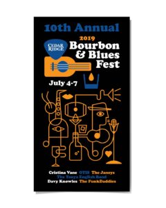 Poster designed for the 10th annual Bourbon & Blues Fest at Cedar Ridge Distillery located in the Eastern Iowa Corridor near Swisher, Iowa. Cedar Ridge Bourbon & Blues Fest poster