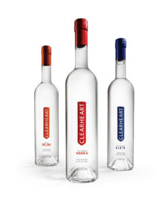 Label series designed for a line of clear spirits produced by Cedar Ridge Distillery, located in the Eastern Iowa Corridor near Swisher. Clearheart vodka bottle labels