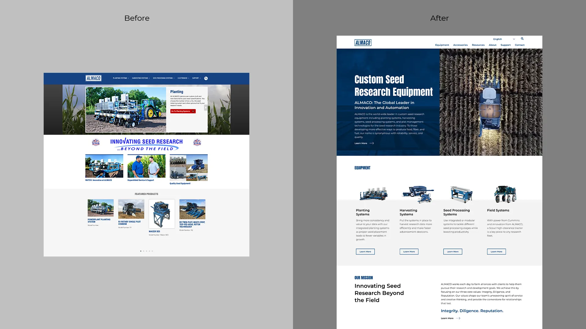 ALMACO home page before and after