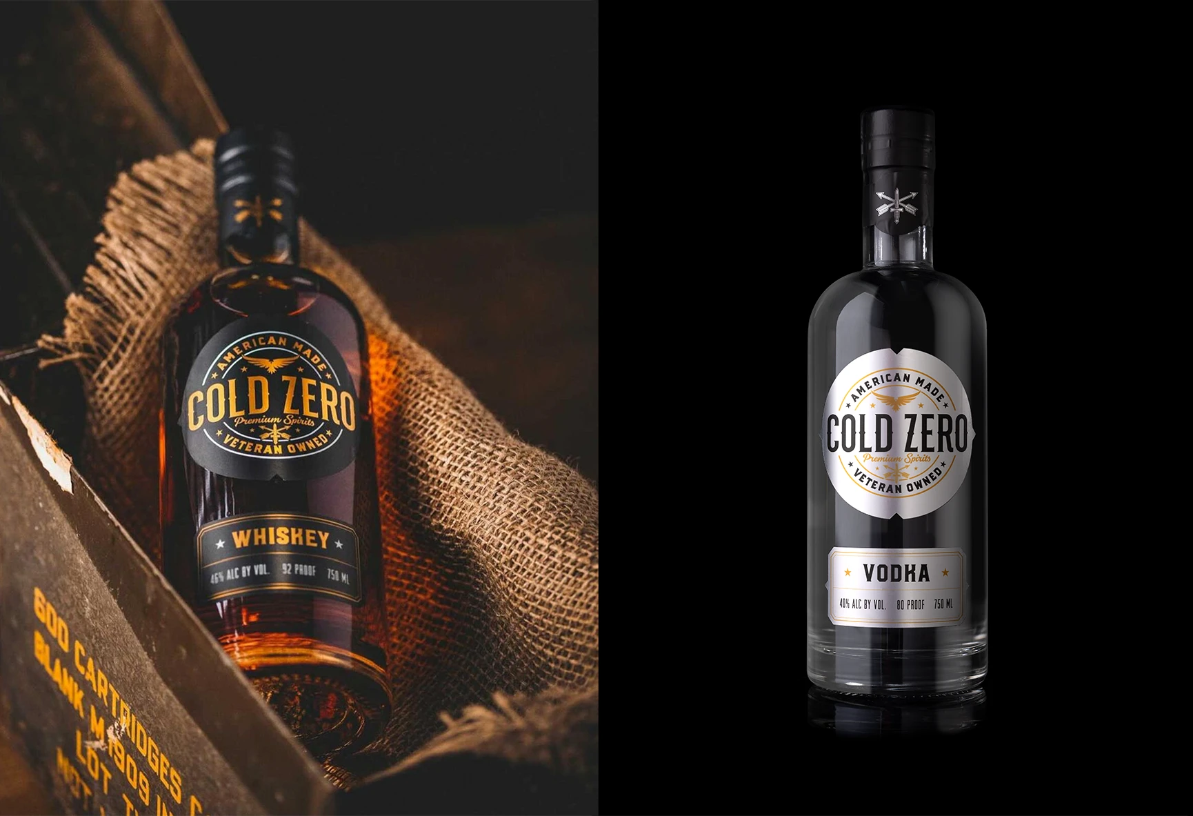 Cold Zero Whiskey and Vodka packaging