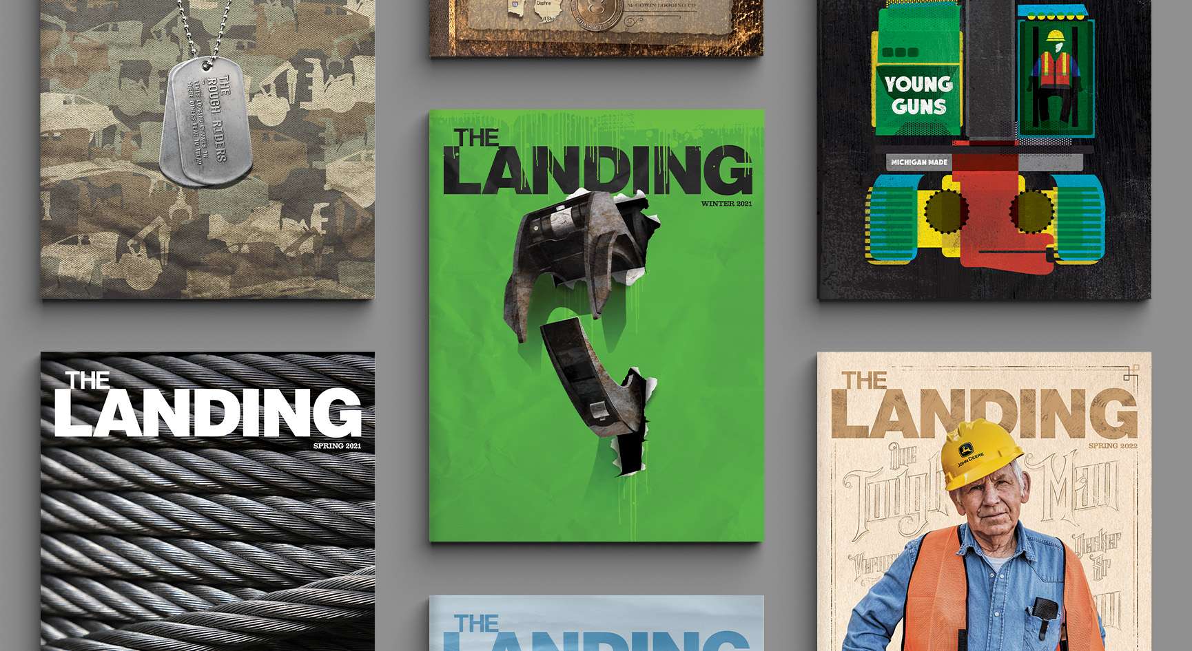Collage of The Landing magazine covers