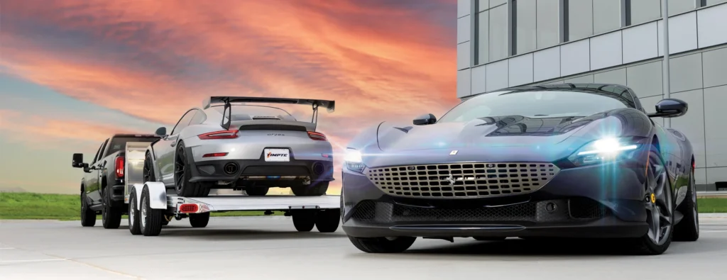 luxury cars on Timpte equipment trailer