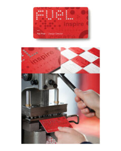 Business card and custom punch designed and built for FUEL as a means of demonstrating their distinctive brand offering. FUEL custom business card punch