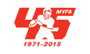 45th Anniversary logo for Metro Youth Football (MYFA), a fall youth football league serving younr athletes in 4th, 5th and 6th grade, located in Cedar Rapids, Iowa. MYFA 45th anniversary logo