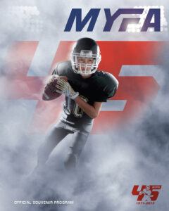 45th Anniversary Souvenir Program cover for Metro Youth Football (MYFA), a fall youth football league serving young athletes in 4th, 5th and 6th grade, located in Cedar Rapids, Iowa. MYFA program cover
