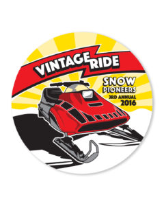Sticker designed to commemorate the 3rd Annual Vintage Snowmobile Ride for the Snow Pioneers located in Delaware County, Iowa. Snow Pioneers vintage ride badge