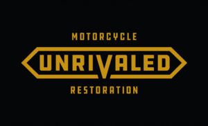 Logo and name for a boutique vintage motorcycle restoration shop named Unrivaled Motorcycle Restoration, located in Ryan, Iowa. Unrivaled Motorcycle Restoration branding